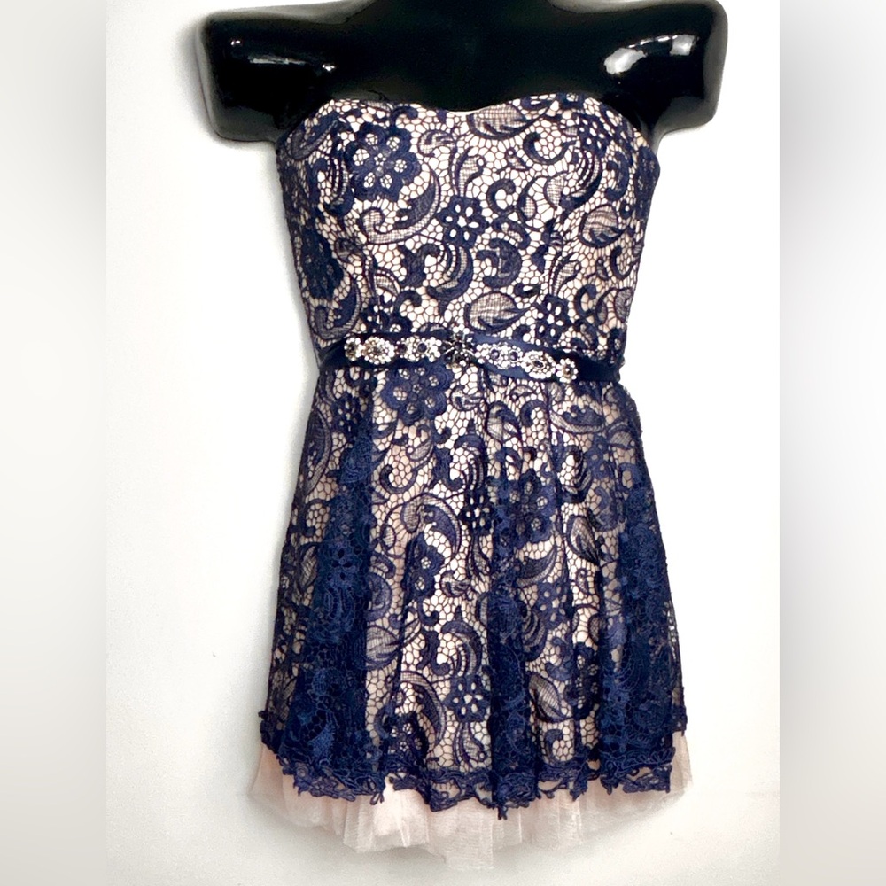 Elegant Navy Lace Dress with Belt